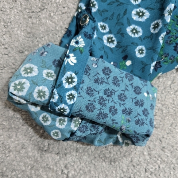 41 Hawthorn Cristen Teal Floral Ditsy Shirt Dress Roll Tab Sleeves Stitch Fix - Picture 9 of 9